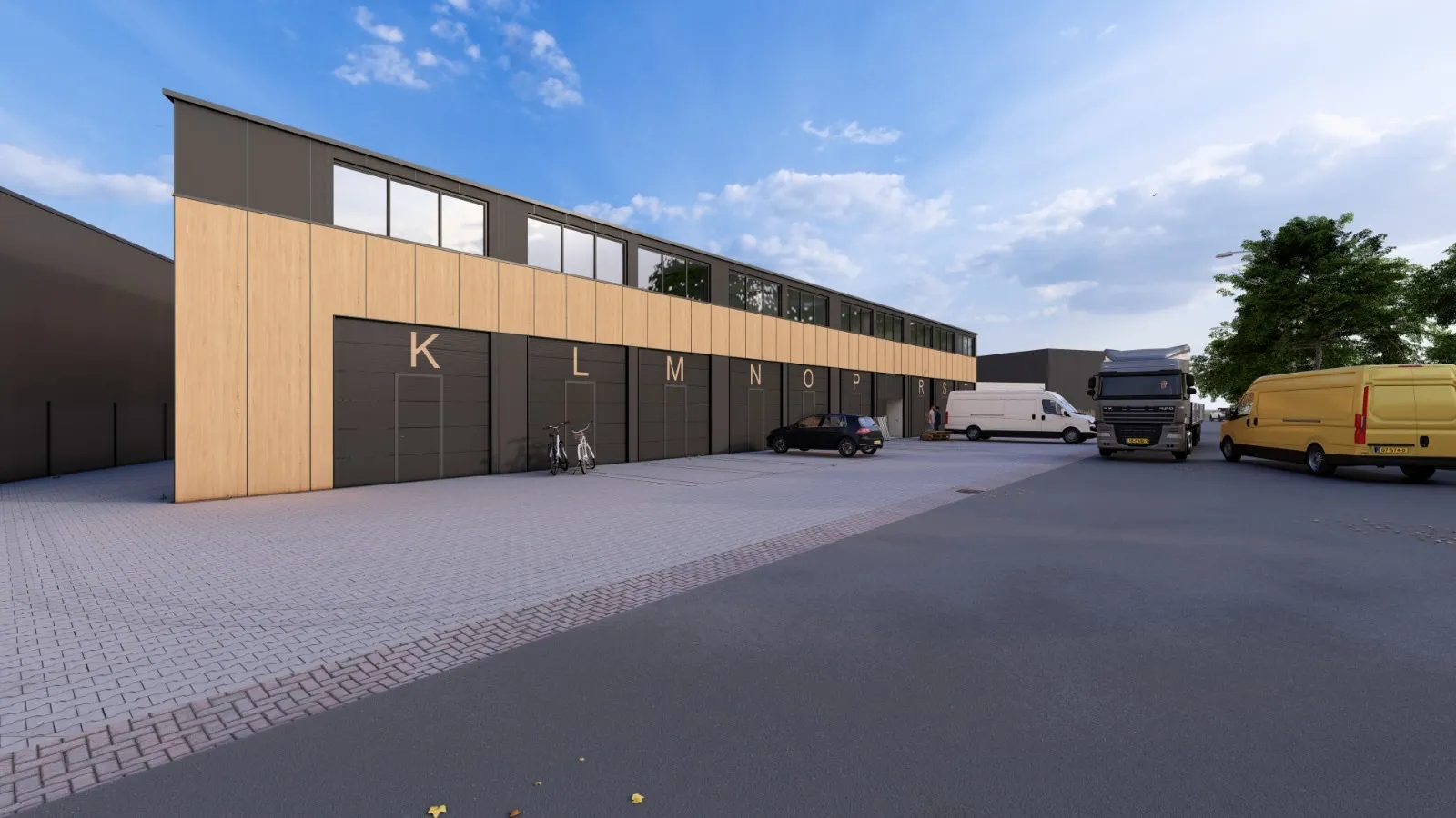 Vooraanzicht van het noordelijke gebouw met de overheaddeuren K tot en met T